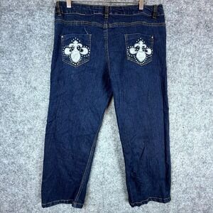 Emperial Premium Cropped Jeans Womens 16 Blue Embellished Mid Rise Distressed